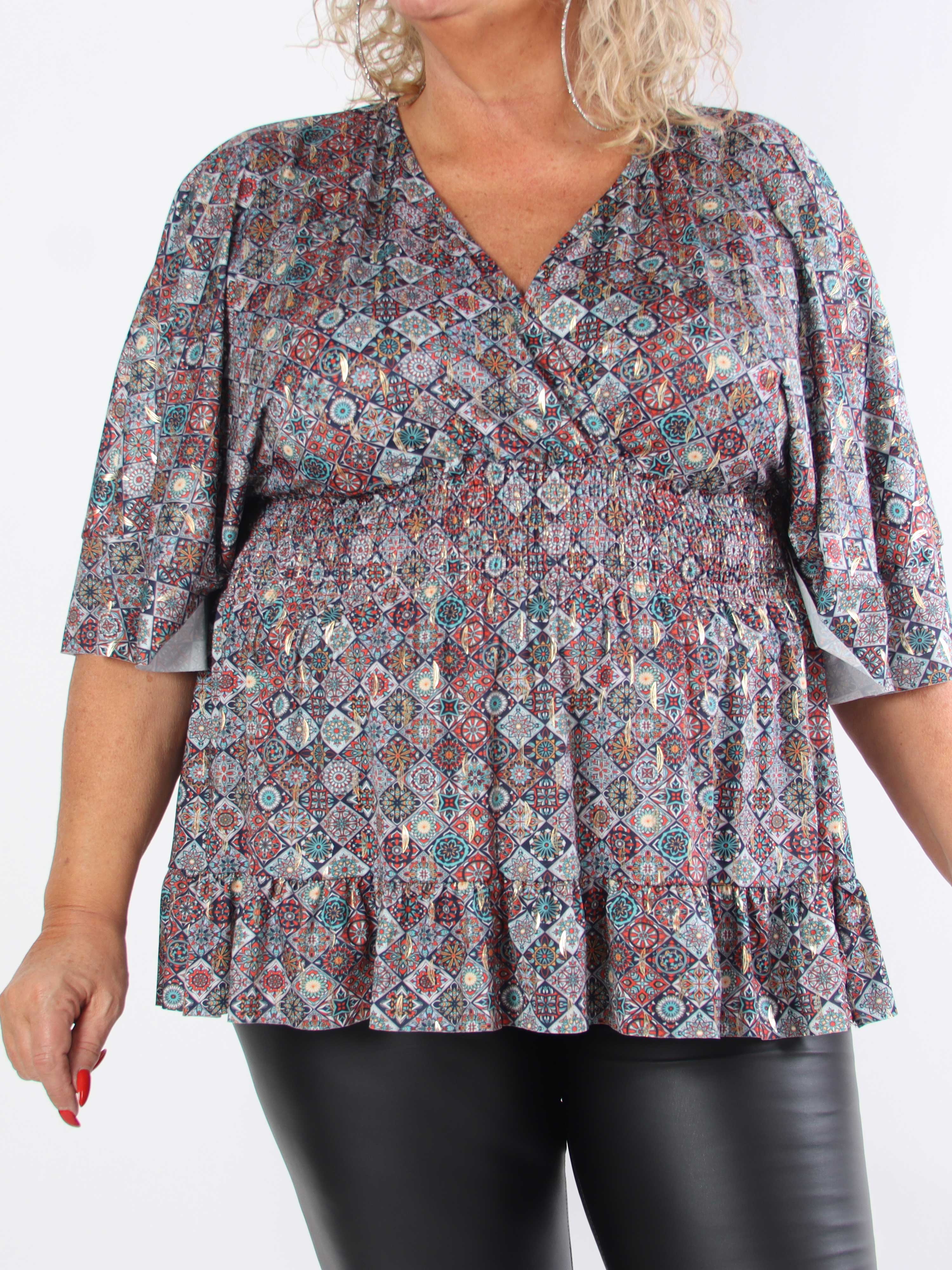 Pamela Mosaic Shirt - Elastisk plus size tunika med smock og flæser